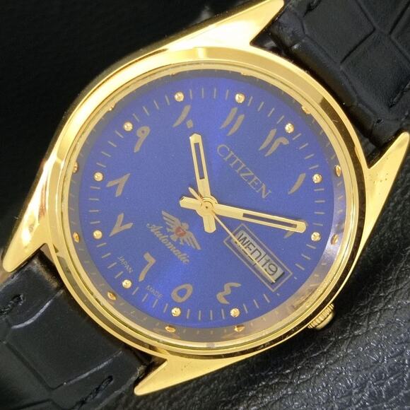 Vintage 1975 Arabic Citizen Automatic Mens Gold Watch W/daydate & Blue accents - Picture 1 of 10